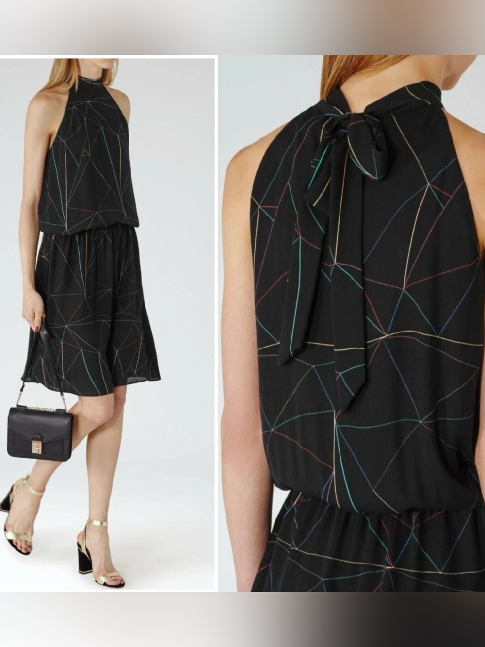 Seventy-One by Reiss Black Halter Mini Dress with Multicolor Line Print 6